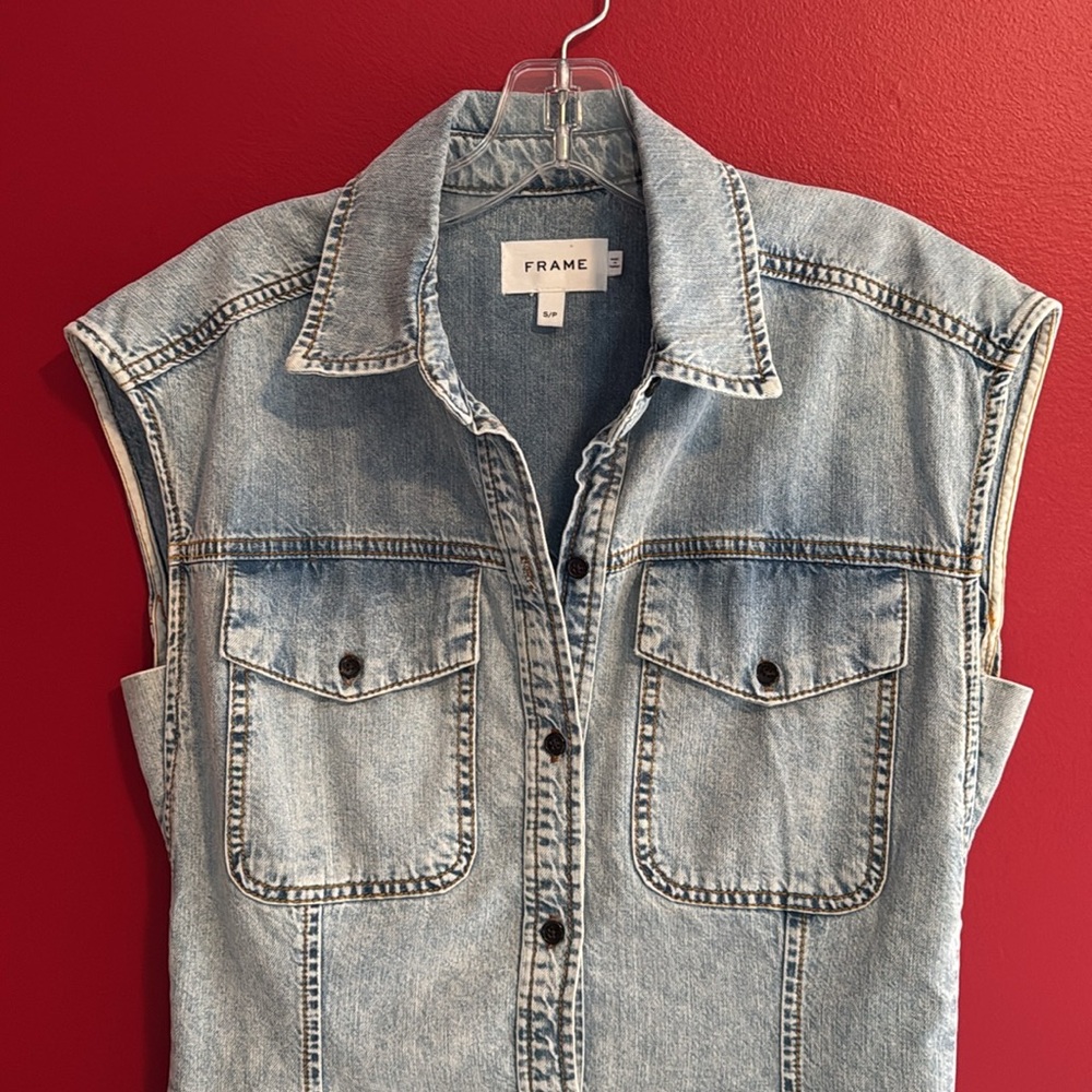 FRAME Button Front Denim Vest- Light Wash - Picture 3 of 7